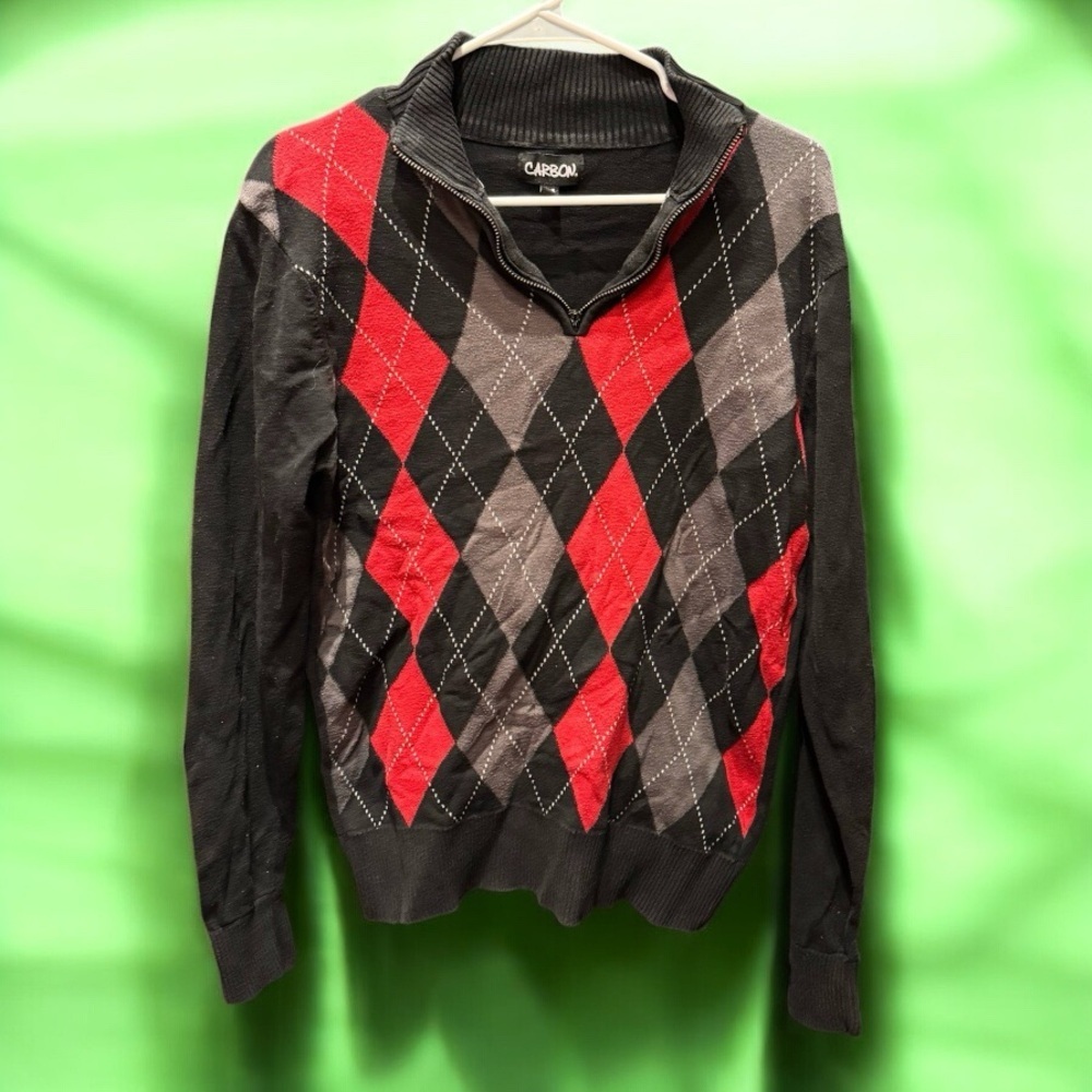 CARBON Argyle Sweater with Red black Pattern MEDIUM quarter zip
